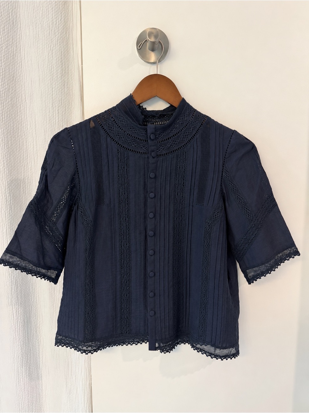 Zadig & Voltaire Navy Lace-Trim Button Front Blouse